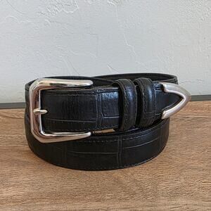 Black Croc Embossed Leather Belt Silver Buckle USA Made 1" Size XL